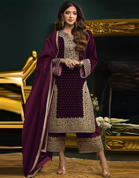 Designer Party Wear Salwar Suit Collection Purple Velvet Pant Straight Front View